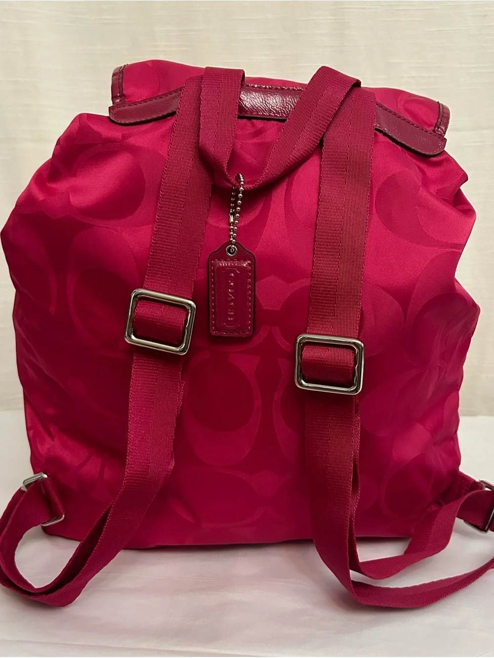 Coach Hot Pink‎ Signature Nylon Double C Drawstring Backpack